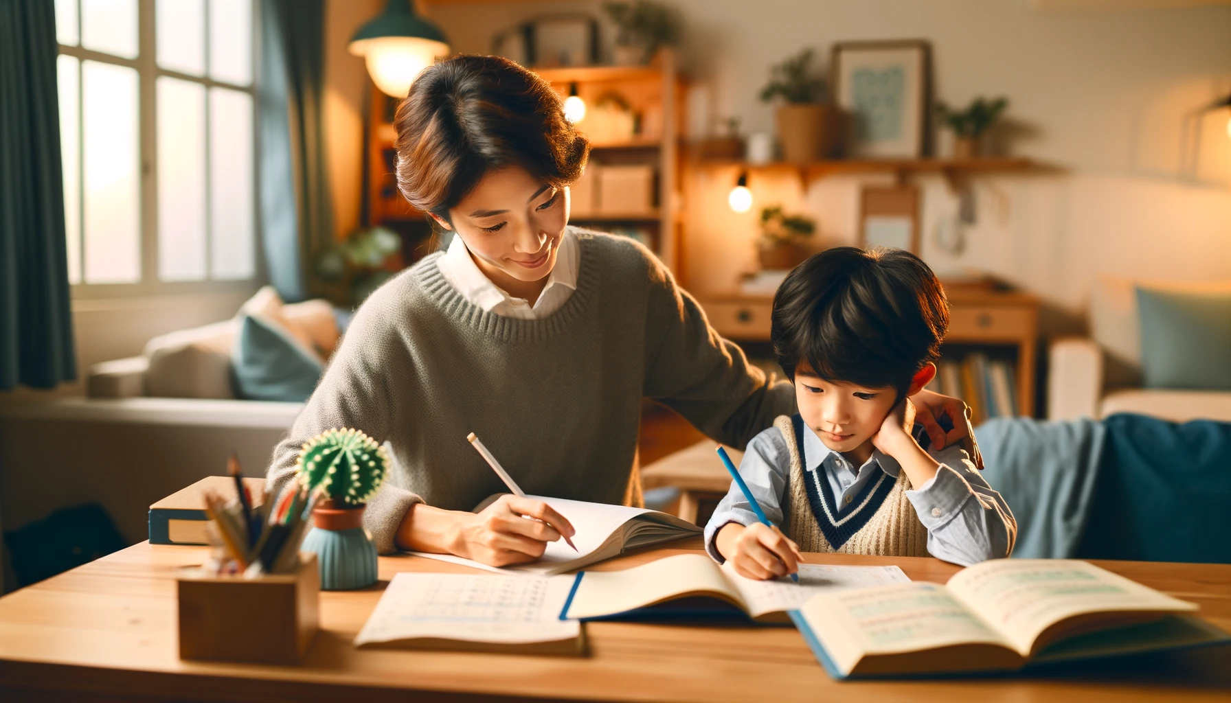 子供の勉強を見てあげている親