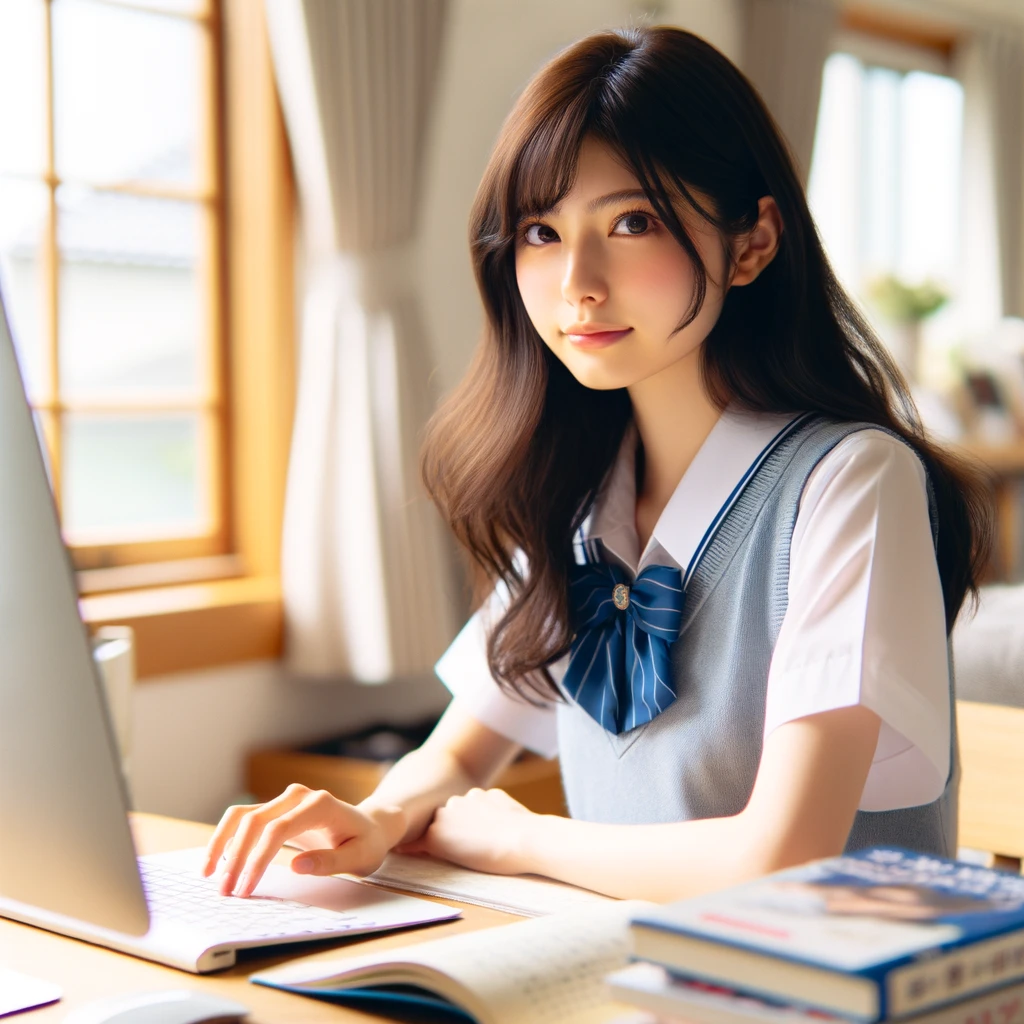 オンラインで学習する女子高校生