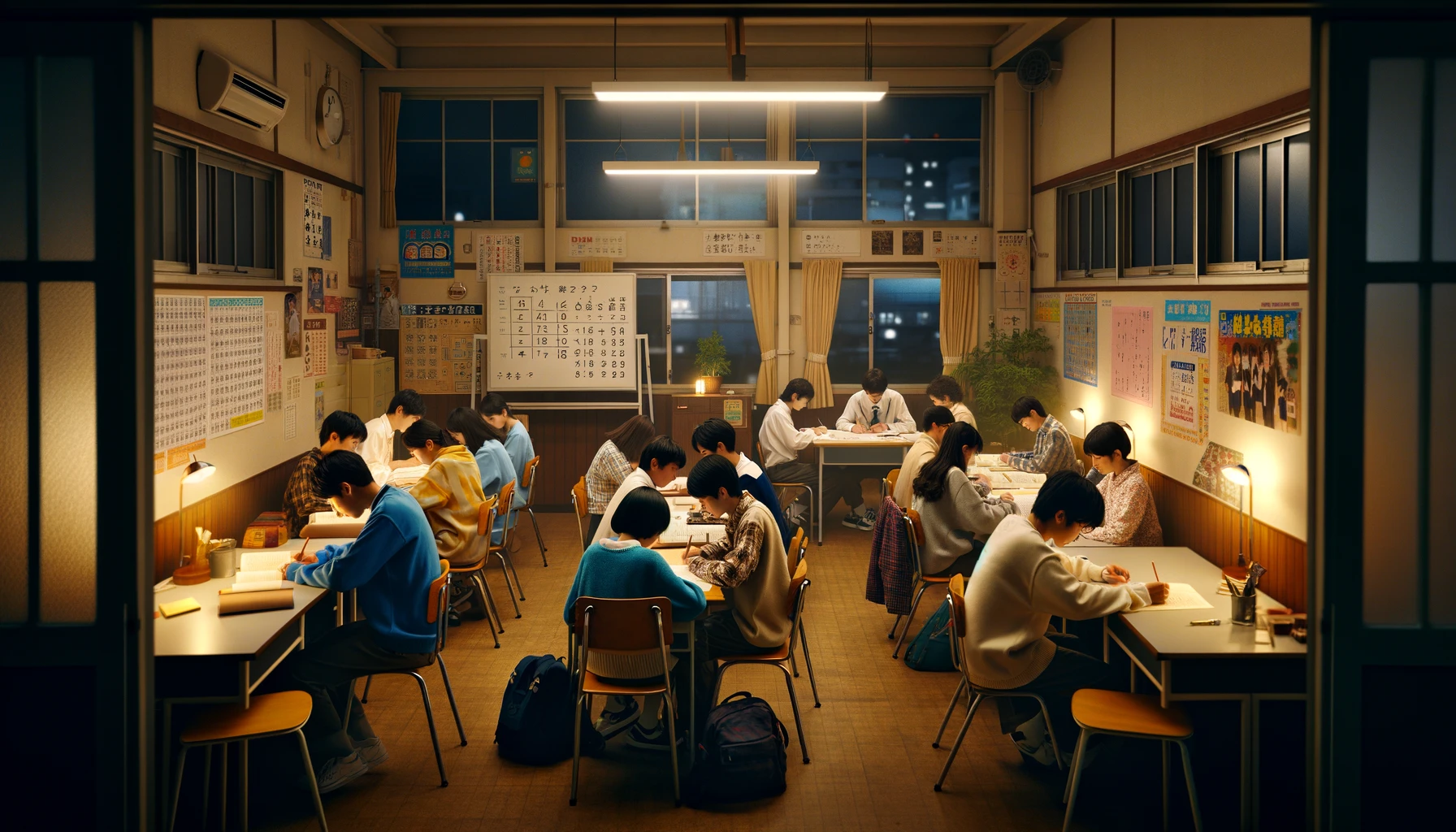 熟で夜の授業を受ける生徒たち