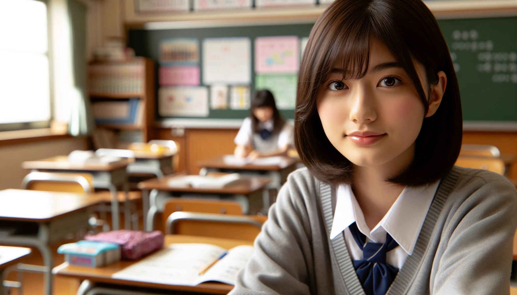 休み時間でほっと一息つく女子高校生