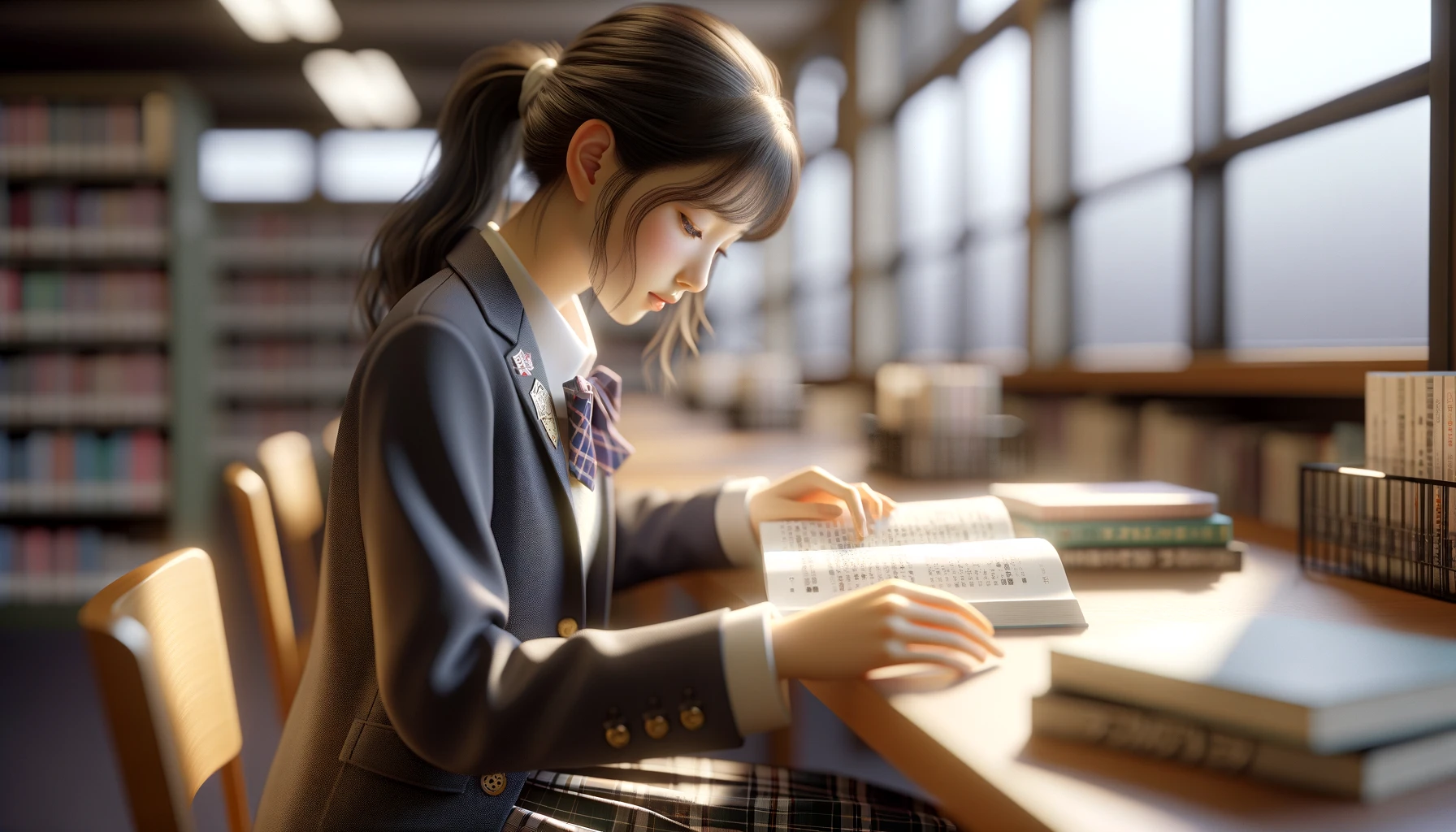 図書館で勉強する女子高校生