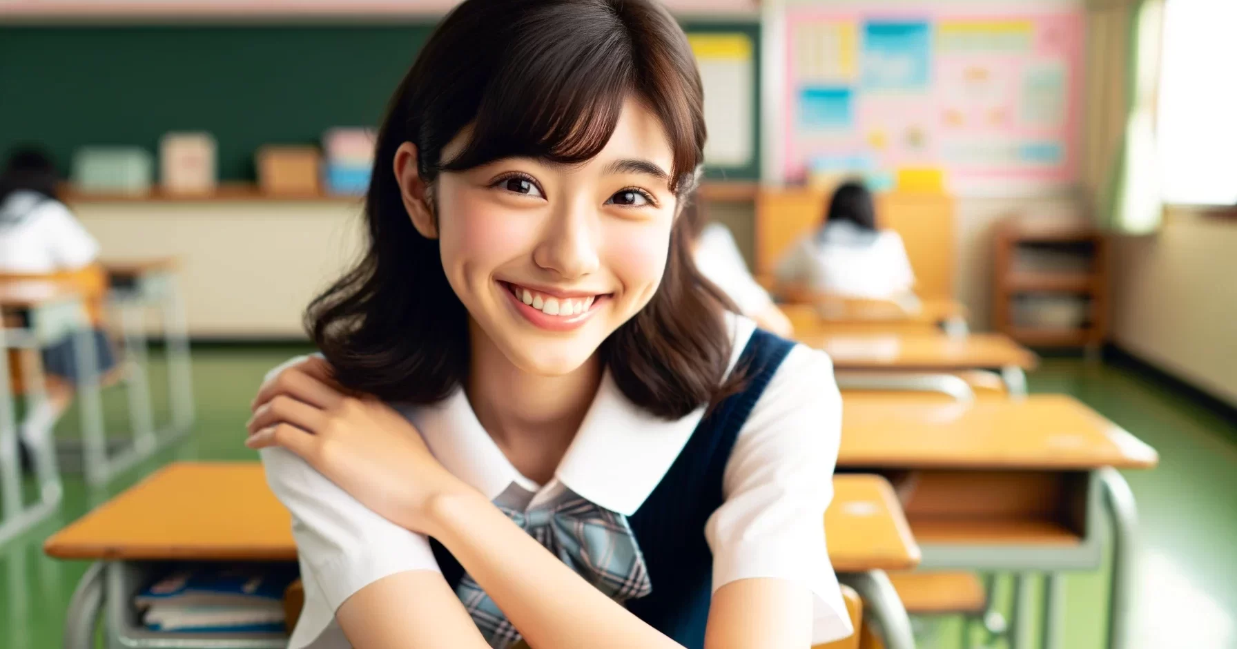 後ろを向いて友達と話す女子高校生