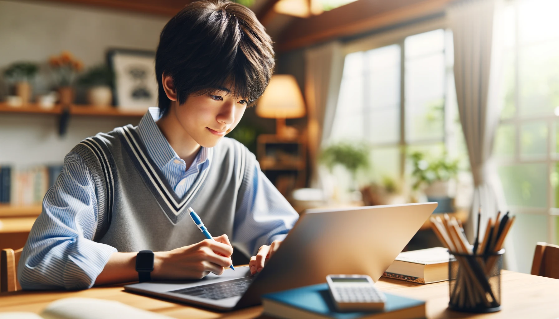 インターネットを活用して勉強する中学生