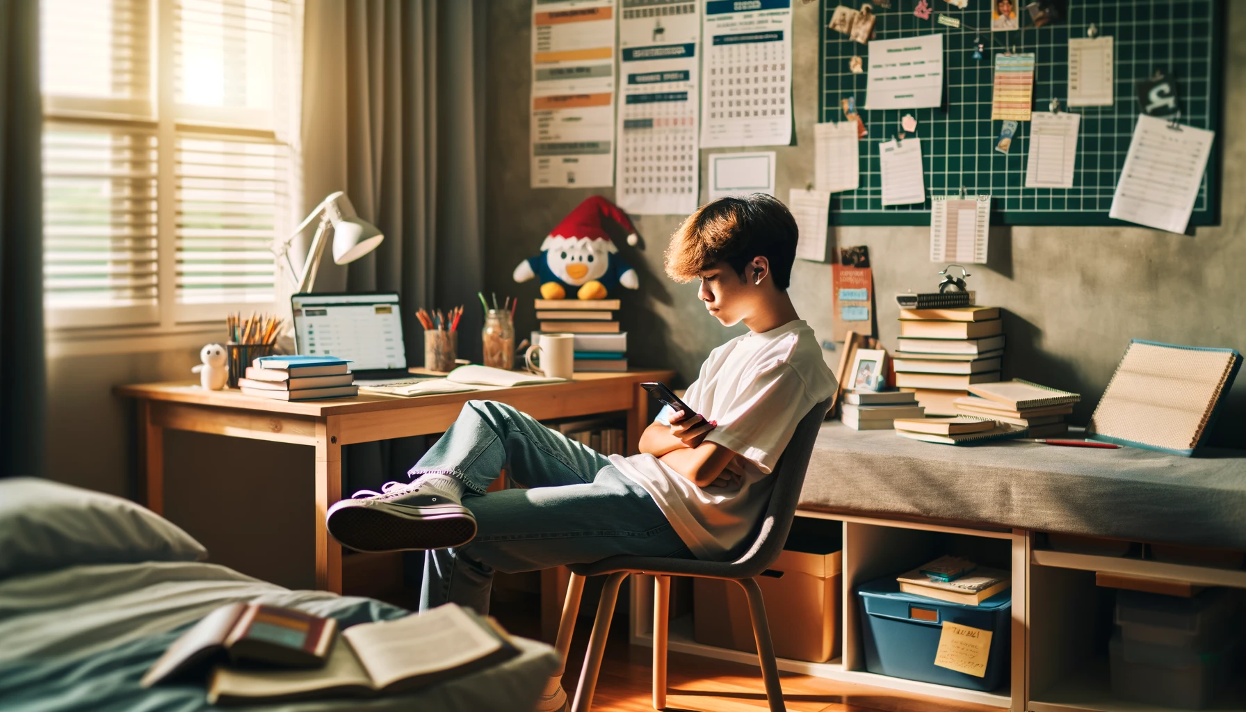 勉強の合間に一息入れる中学生