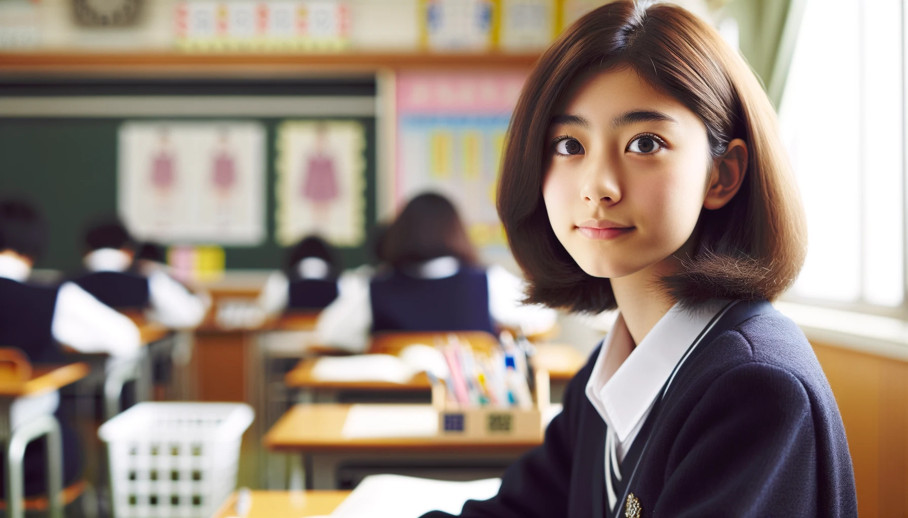 後ろの友達と話すために振り向く女子中学生