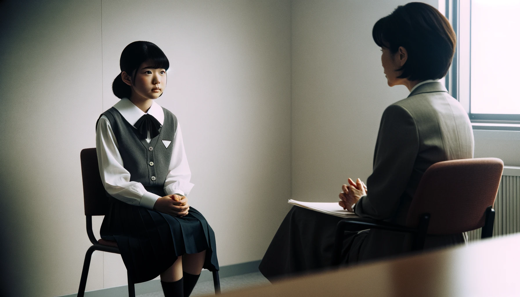 面接を受けている小学生