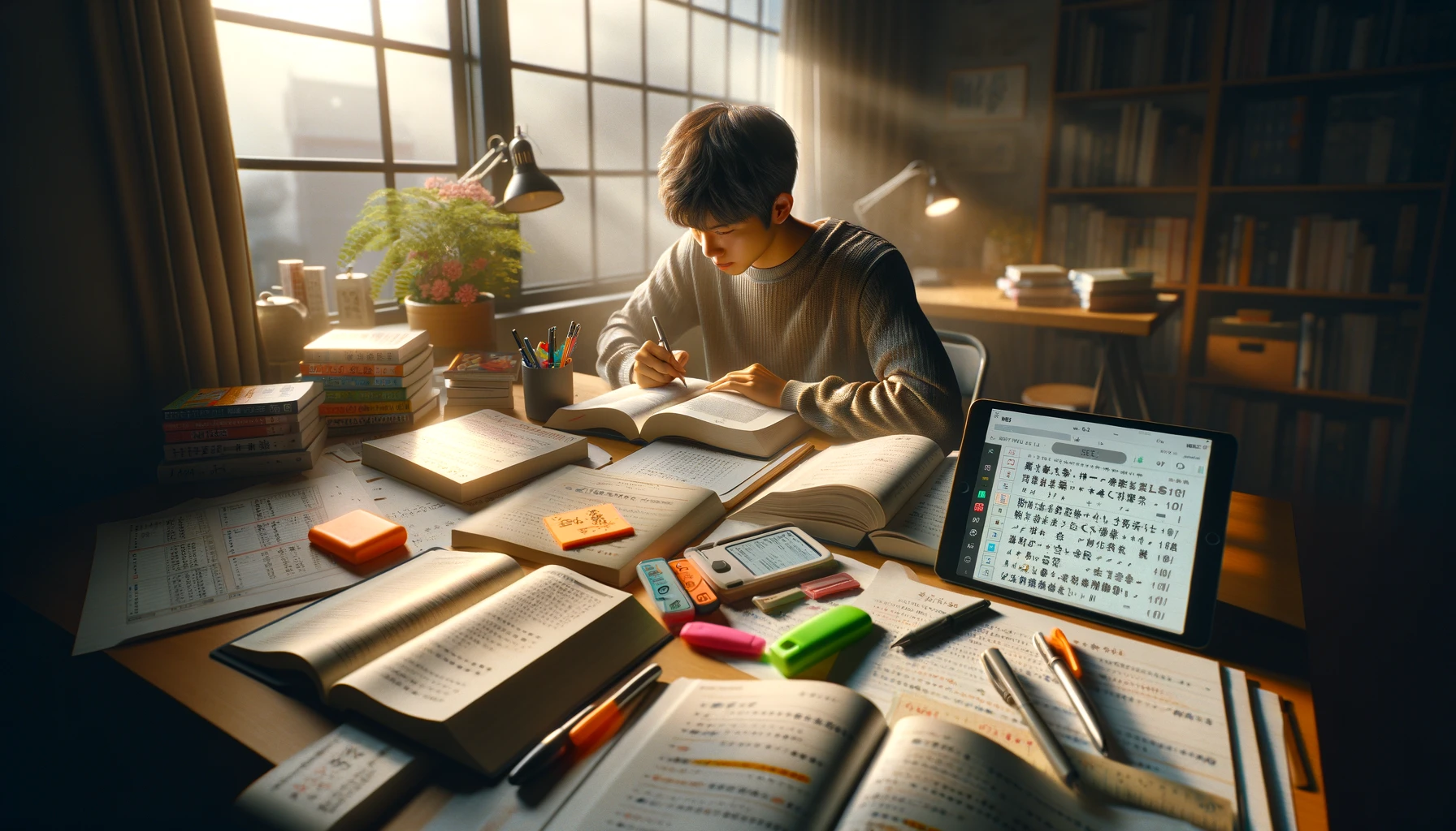 入試のために国語を勉強している学生